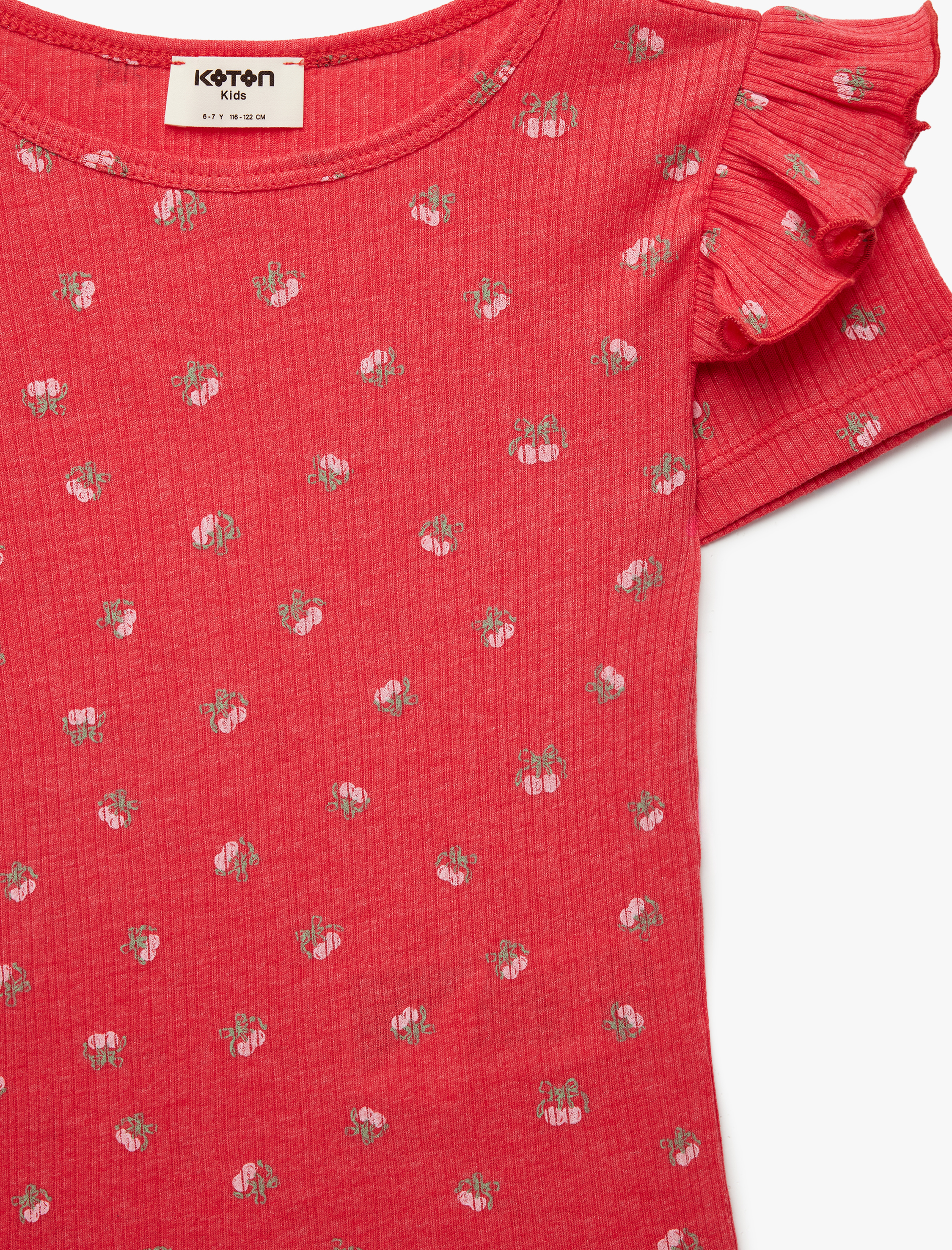  Kız Çocuk Slim Fit Kısa Kollu Bisiklet Yaka Kiraz Baskılı Fırfır Detaylı Tişört