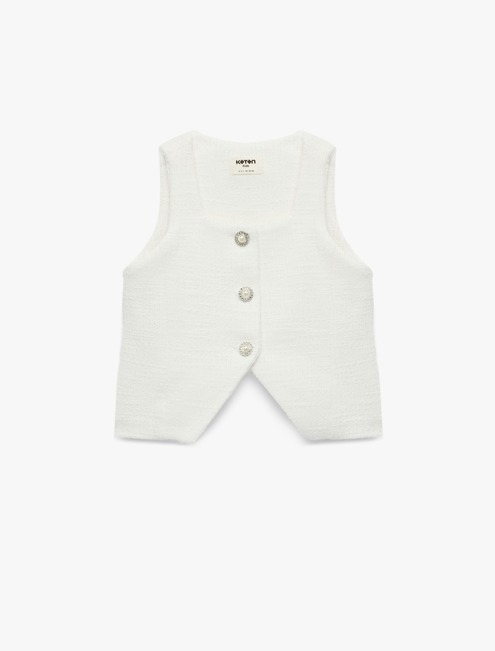 Kız Çocuk Kolsuz Kare Yaka Düğmeli Crop Tüvit Bluz