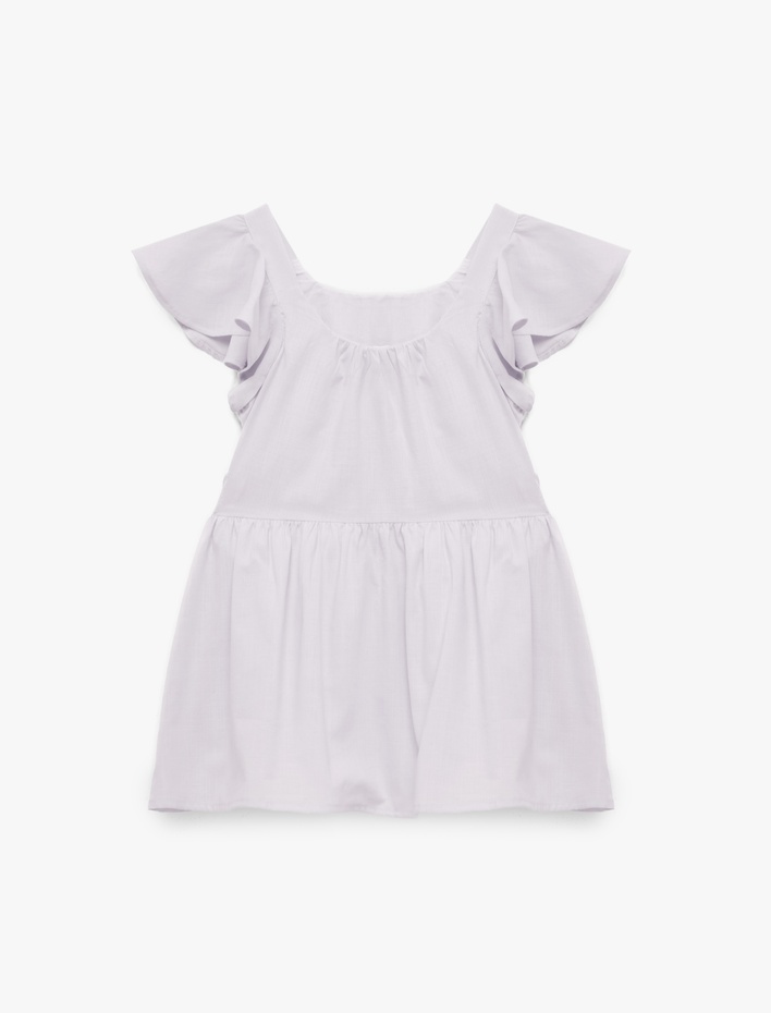 Kız Bebek Fırfırlı Fiyonk Detaylı Kısa Kollu Bisiklet Yaka Pamuklu Kloş Mini Elbise