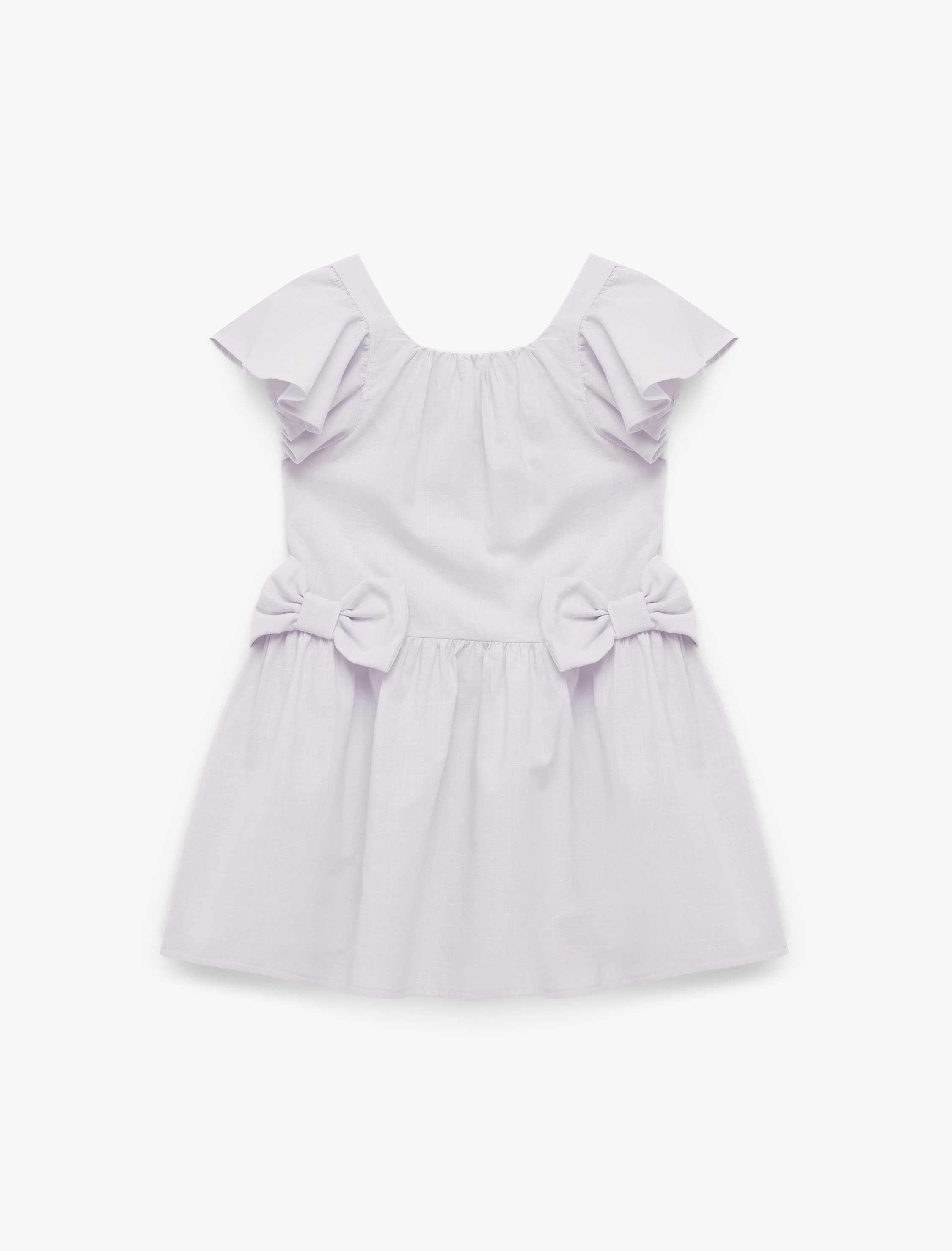  Kız Bebek Fırfırlı Fiyonk Detaylı Kısa Kollu Bisiklet Yaka Pamuklu Kloş Mini Elbise