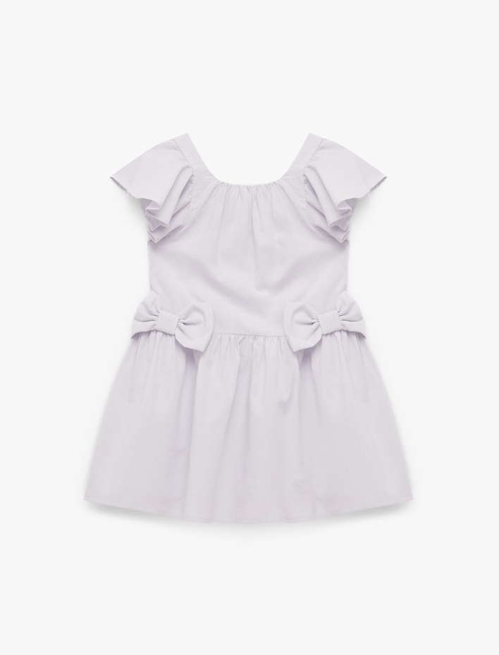 Kız Bebek Fırfırlı Fiyonk Detaylı Kısa Kollu Bisiklet Yaka Pamuklu Kloş Mini Elbise