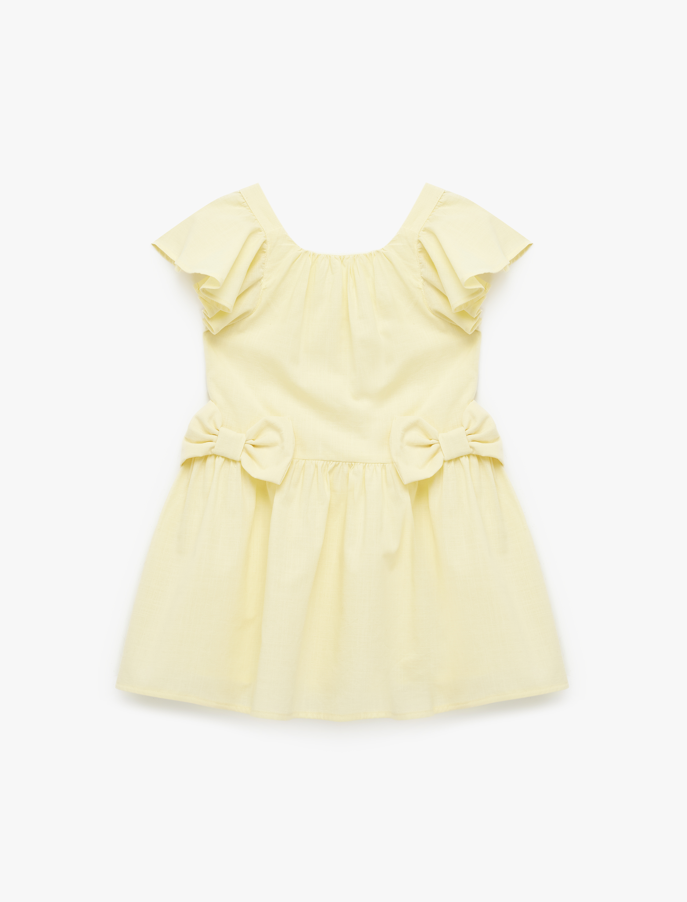  Kız Bebek Fırfırlı Fiyonk Detaylı Kısa Kollu Bisiklet Yaka Pamuklu Kloş Mini Elbise