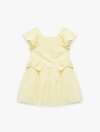 Fırfırlı Fiyonk Detaylı Kısa Kollu Bisiklet Yaka Pamuklu Kloş Mini Elbise