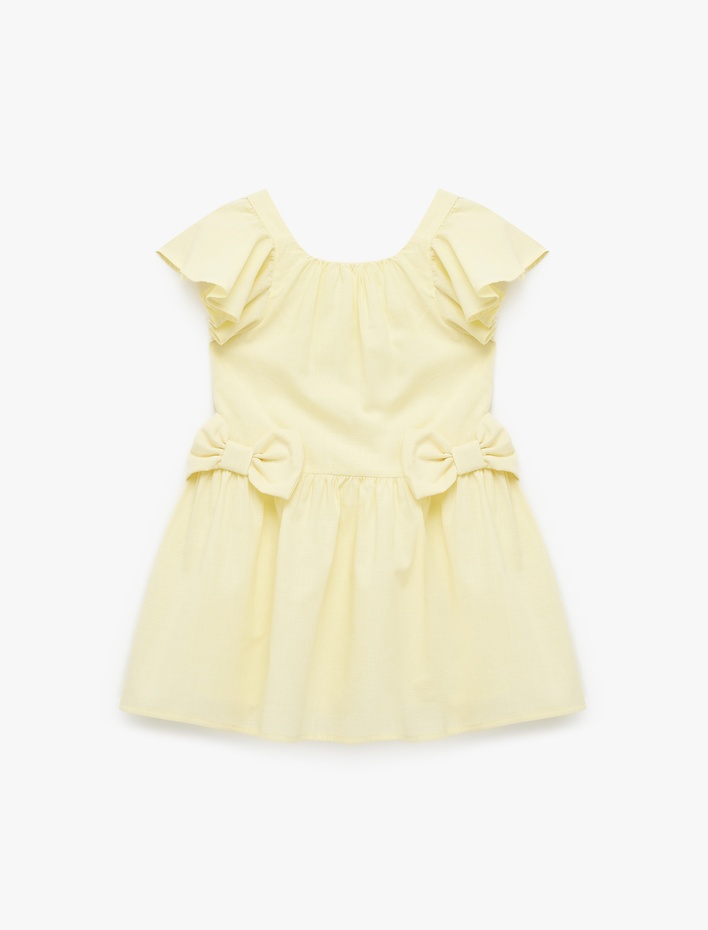 Kız Bebek Fırfırlı Fiyonk Detaylı Kısa Kollu Bisiklet Yaka Pamuklu Kloş Mini Elbise
