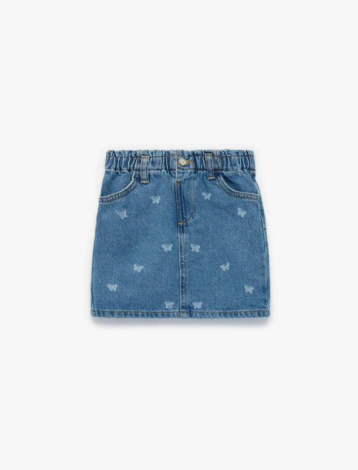 Kız Bebek Pamuklu Kelebek Desenli A Kesim Cepli Mini Denim Etek