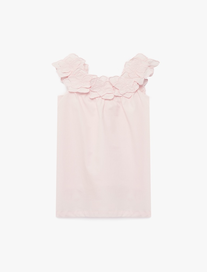Kız Bebek Çiçek Detaylı Kolsuz Kayık Yaka Pamuklu Mini Elbise