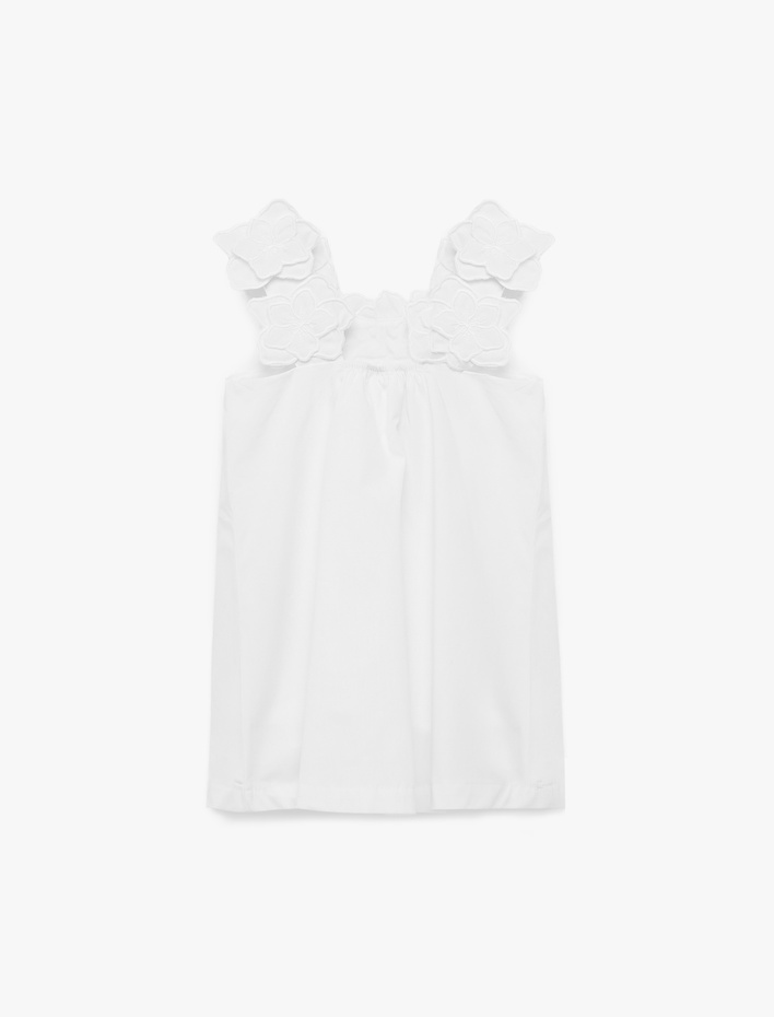 Kız Bebek Çiçek Detaylı Kolsuz Kayık Yaka Pamuklu Mini Elbise