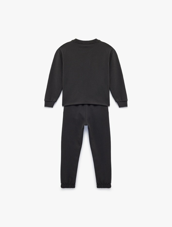 Kız Çocuk Üç İplik Baskılı Uzun Kollu Bisiklet Yaka Sweatshirt Eşofman Takımı - 2'li Set