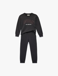 Üç İplik Baskılı Uzun Kollu Bisiklet Yaka Sweatshirt Eşofman Takımı - 2'li Set