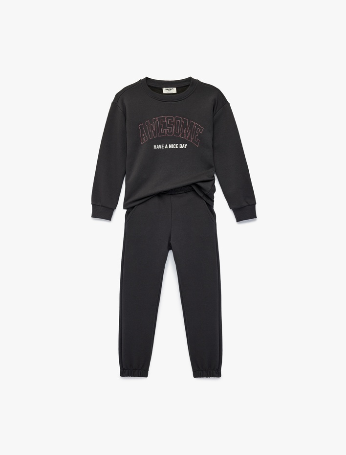 Kız Çocuk Üç İplik Baskılı Uzun Kollu Bisiklet Yaka Sweatshirt Eşofman Takımı - 2'li Set