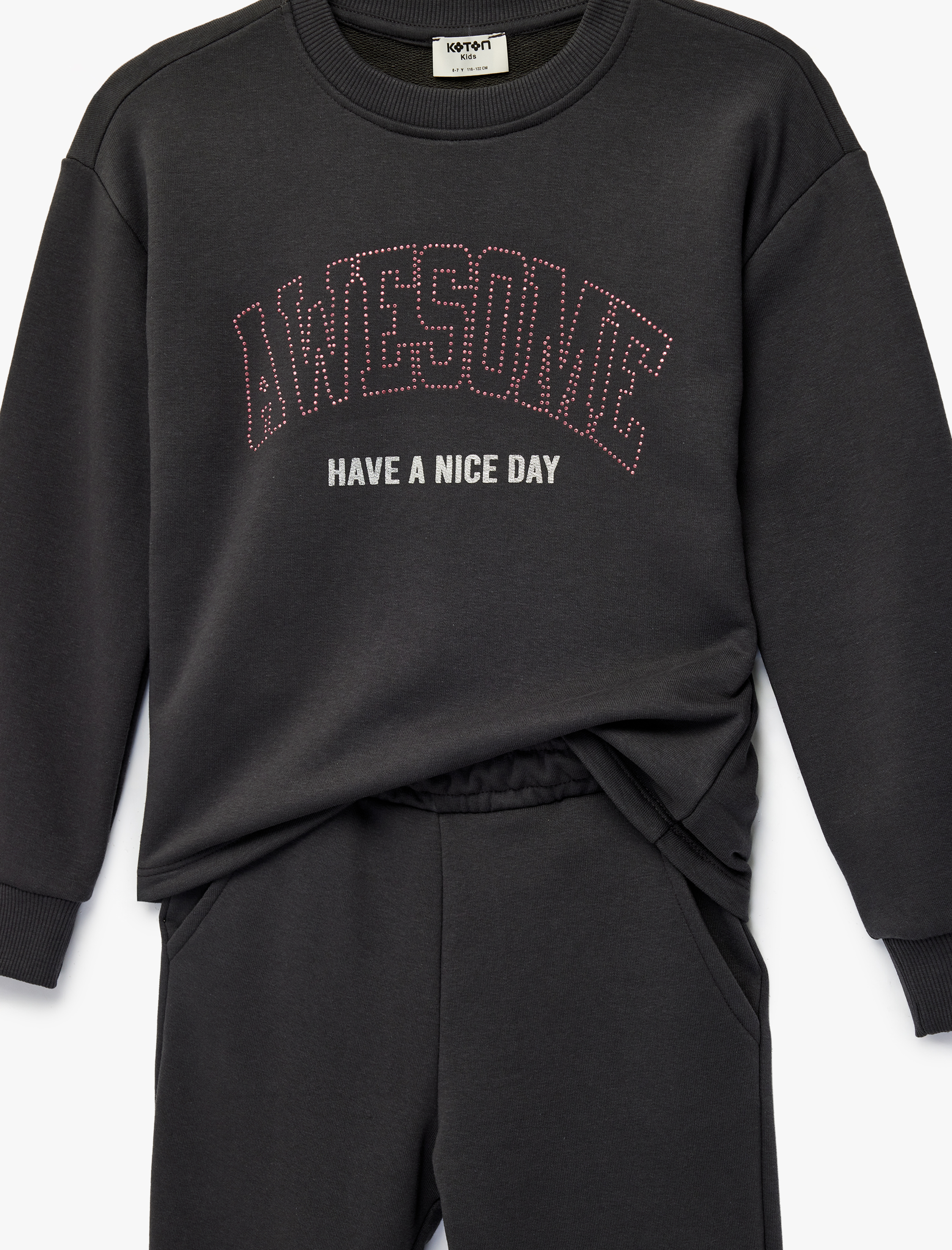  Kız Çocuk Üç İplik Baskılı Uzun Kollu Bisiklet Yaka Sweatshirt Eşofman Takımı - 2'li Set