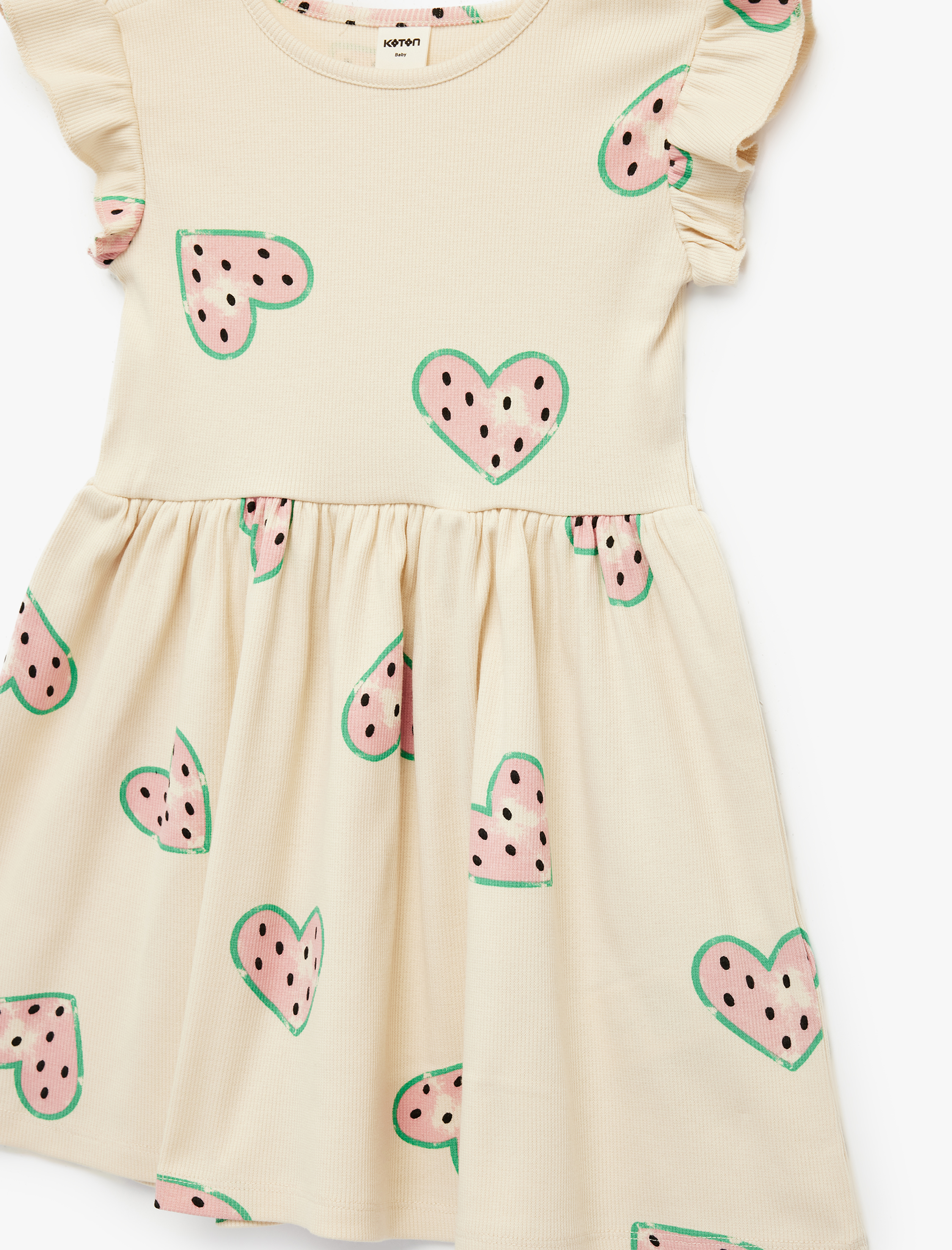  Kız Bebek Pamuklu Bisiklet Yaka Fırfırlı Kolsuz Kalp Desenli Mini Elbise