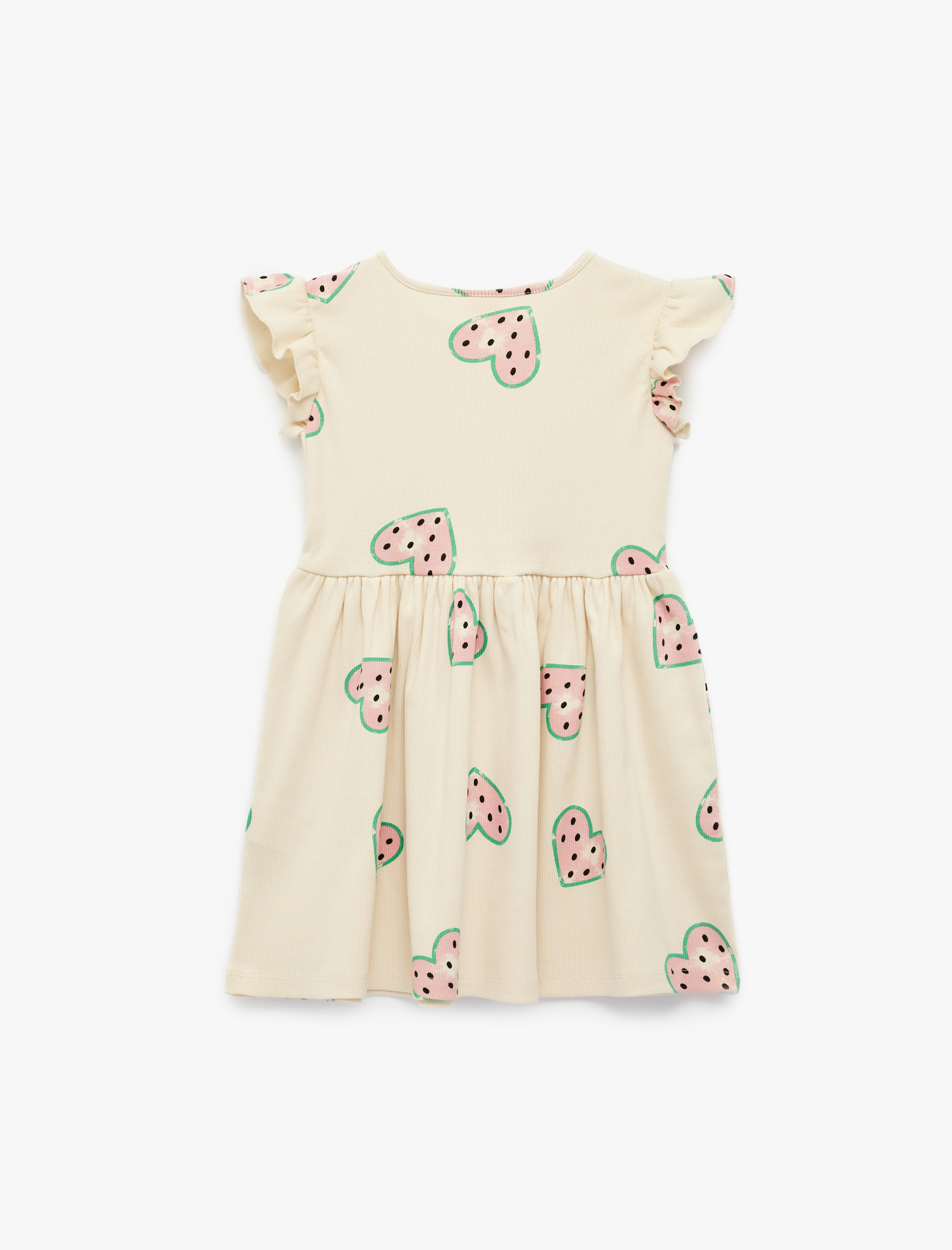  Kız Bebek Pamuklu Bisiklet Yaka Fırfırlı Kolsuz Kalp Desenli Mini Elbise