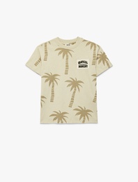 Pamuklu Kısa Kollu Bisiklet Yaka Palmiye Baskılı Oversize Tişört