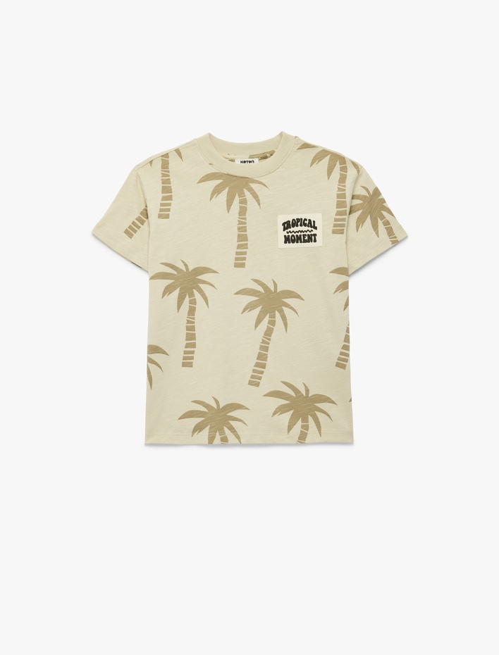 Erkek Çocuk Pamuklu Kısa Kollu Bisiklet Yaka Palmiye Baskılı Oversize Tişört