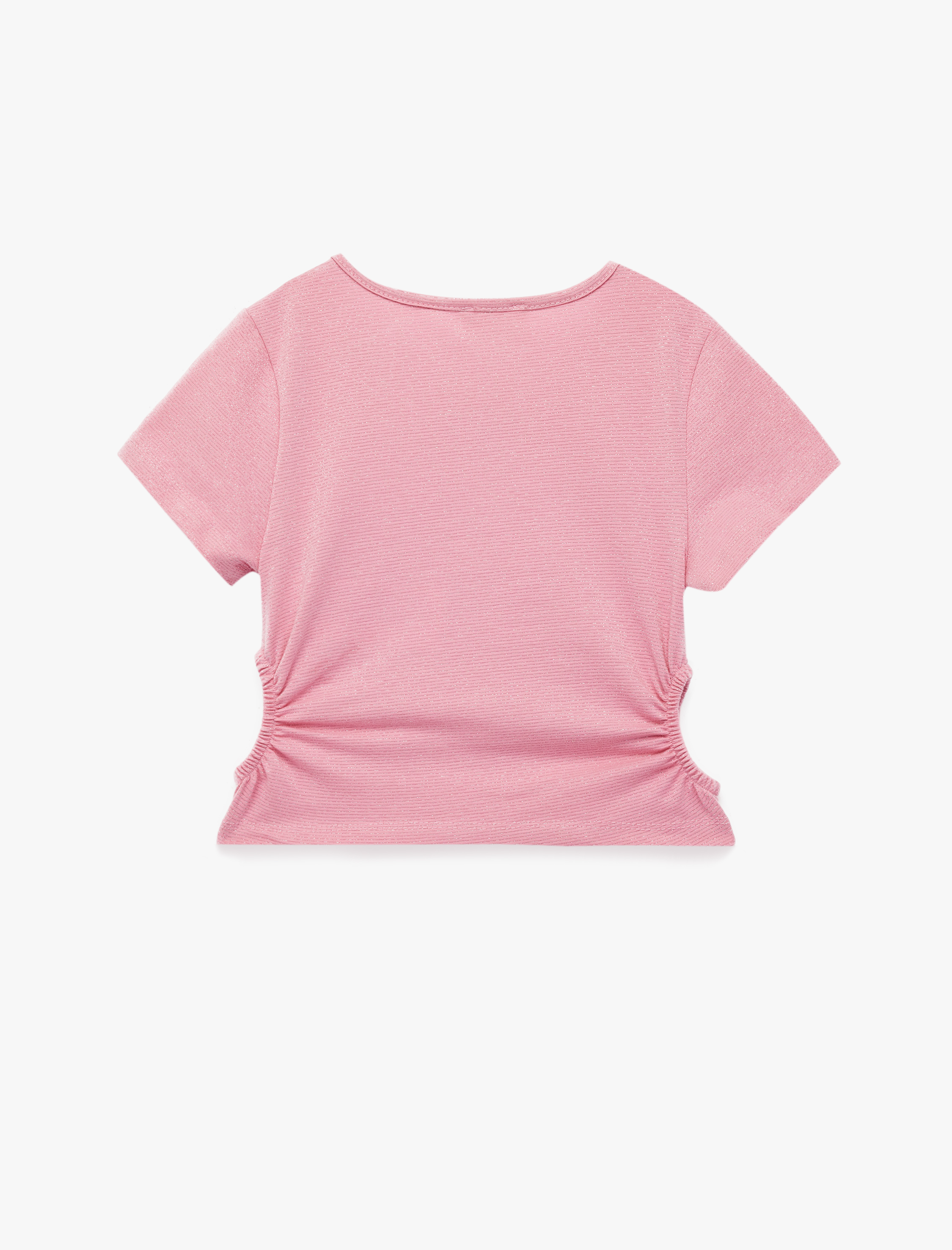  Kız Çocuk Bisiklet Yaka Slim Fit Kalpli Taşlı Büzgü Detaylı Pamuklu Kısa Kollu Crop Bluz