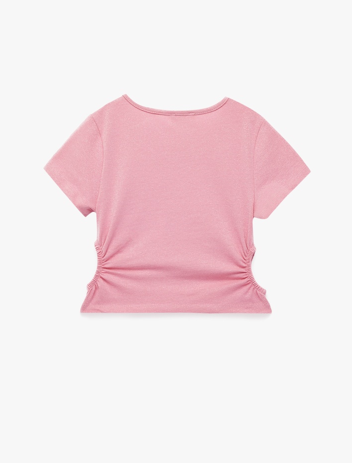 Kız Çocuk Bisiklet Yaka Slim Fit Kalpli Taşlı Büzgü Detaylı Pamuklu Kısa Kollu Crop Bluz