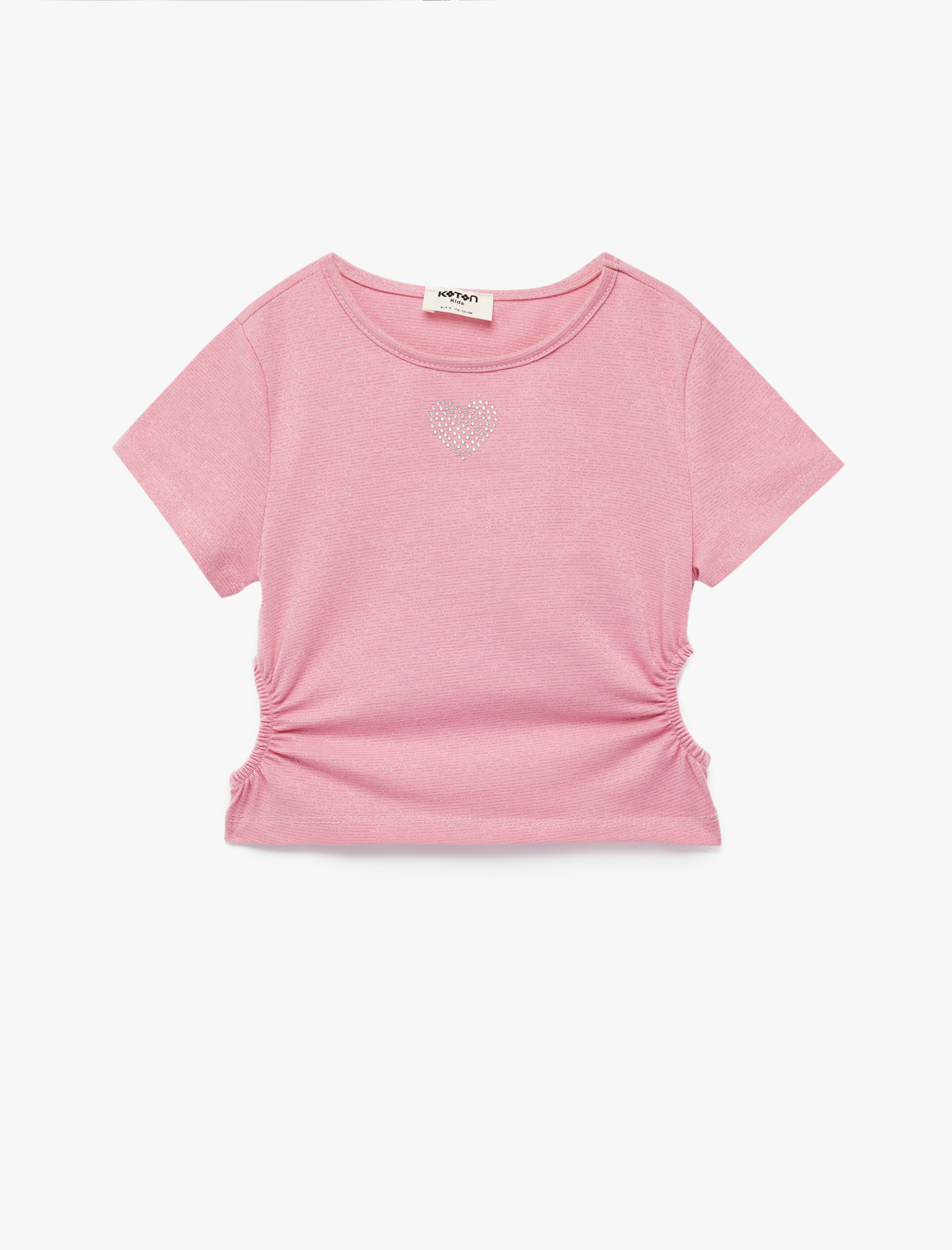  Kız Çocuk Bisiklet Yaka Slim Fit Kalpli Taşlı Büzgü Detaylı Pamuklu Kısa Kollu Crop Bluz