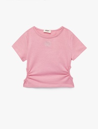 Bisiklet Yaka Slim Fit Kalpli Taşlı Büzgü Detaylı Pamuklu Kısa Kollu Crop Bluz