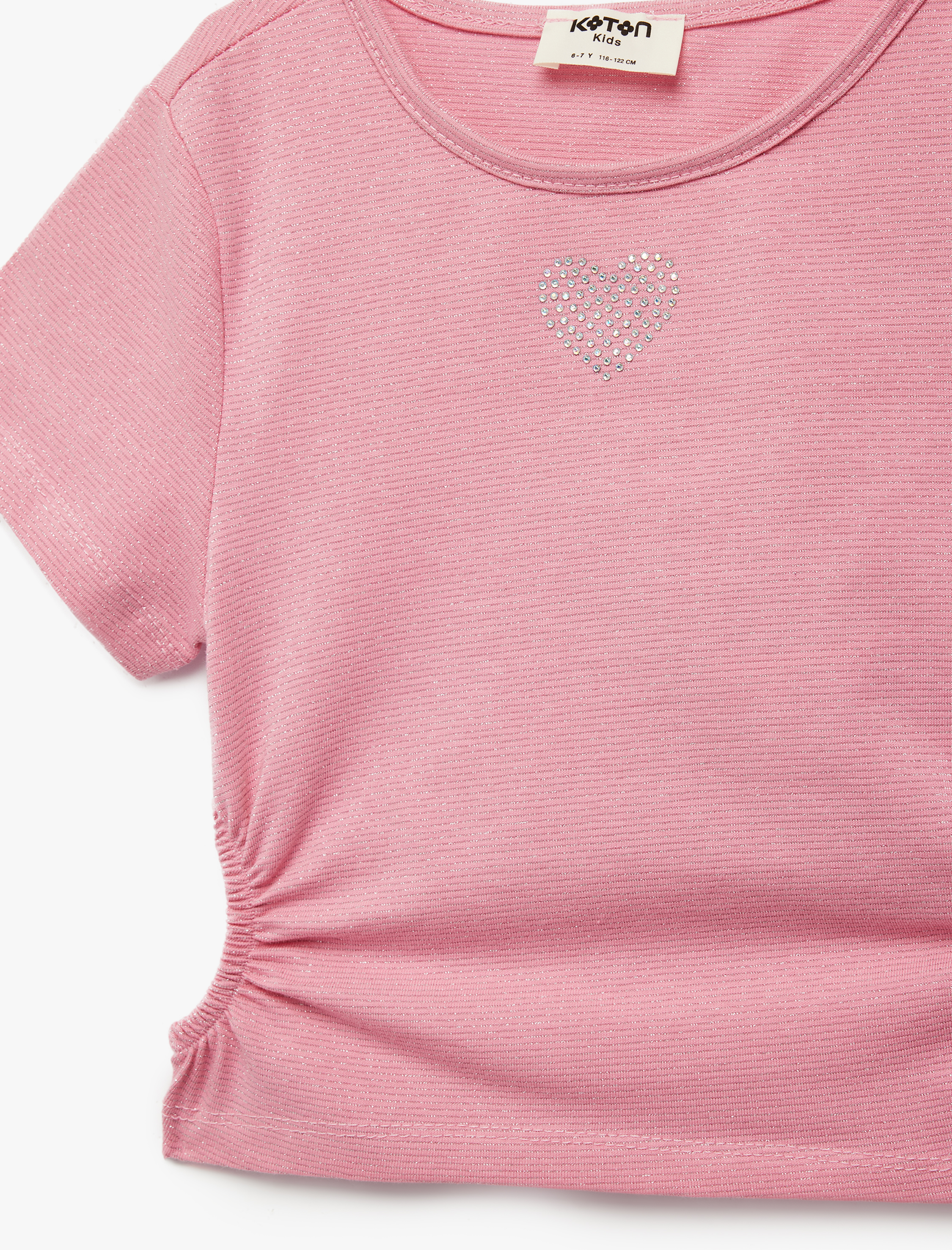  Kız Çocuk Bisiklet Yaka Slim Fit Kalpli Taşlı Büzgü Detaylı Pamuklu Kısa Kollu Crop Bluz