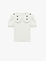 Nakış Detaylı Kısa Kollu Bebe Yaka Bluz