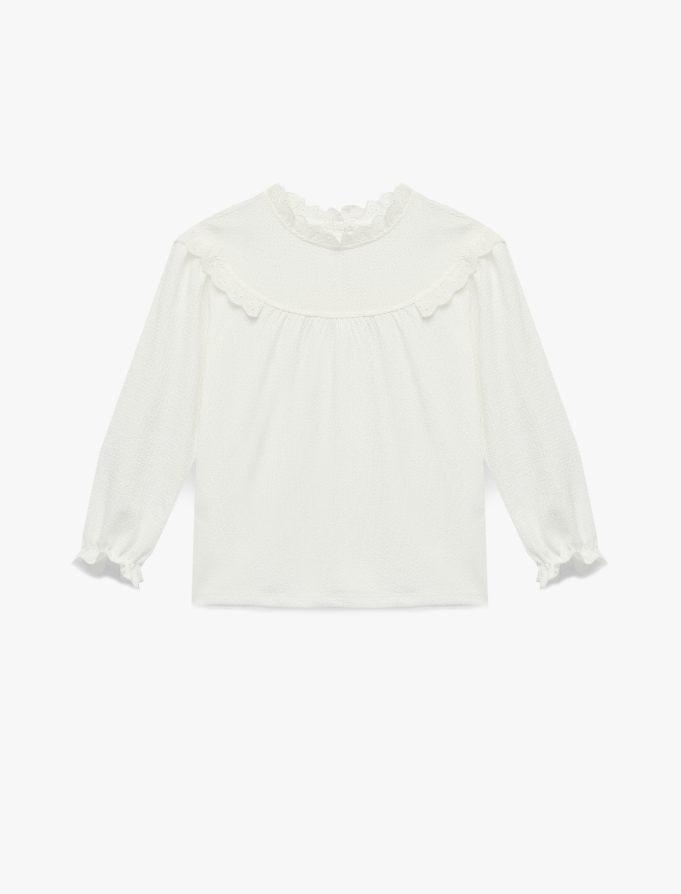  Kız Çocuk Dik Yaka Fırfır Detaylı Büzgülü Uzun Kollu Bluz