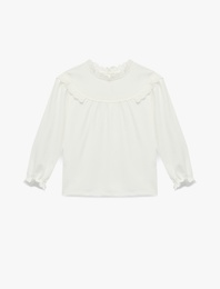 Dik Yaka Fırfır Detaylı Büzgülü Uzun Kollu Bluz