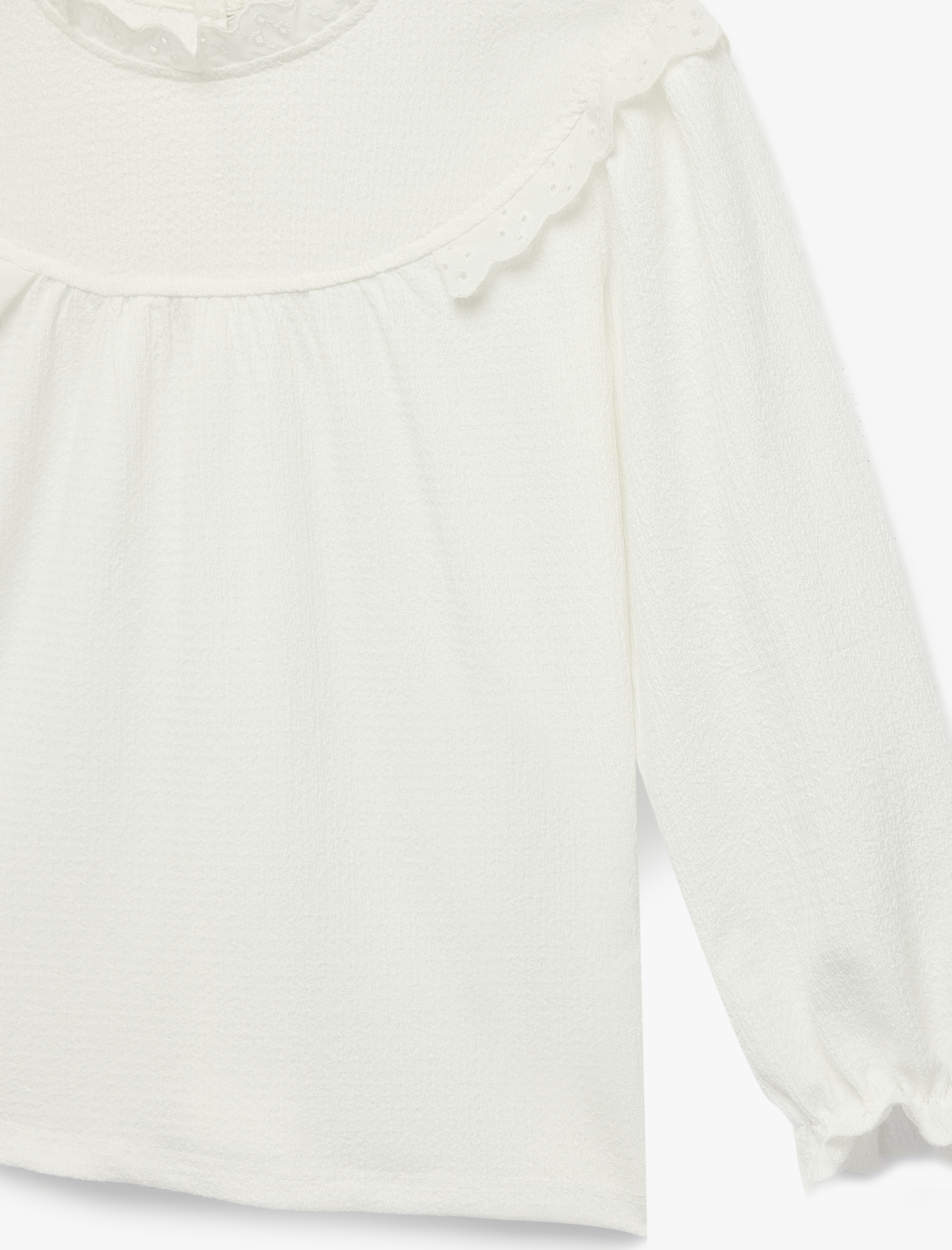  Kız Çocuk Dik Yaka Fırfır Detaylı Büzgülü Uzun Kollu Bluz