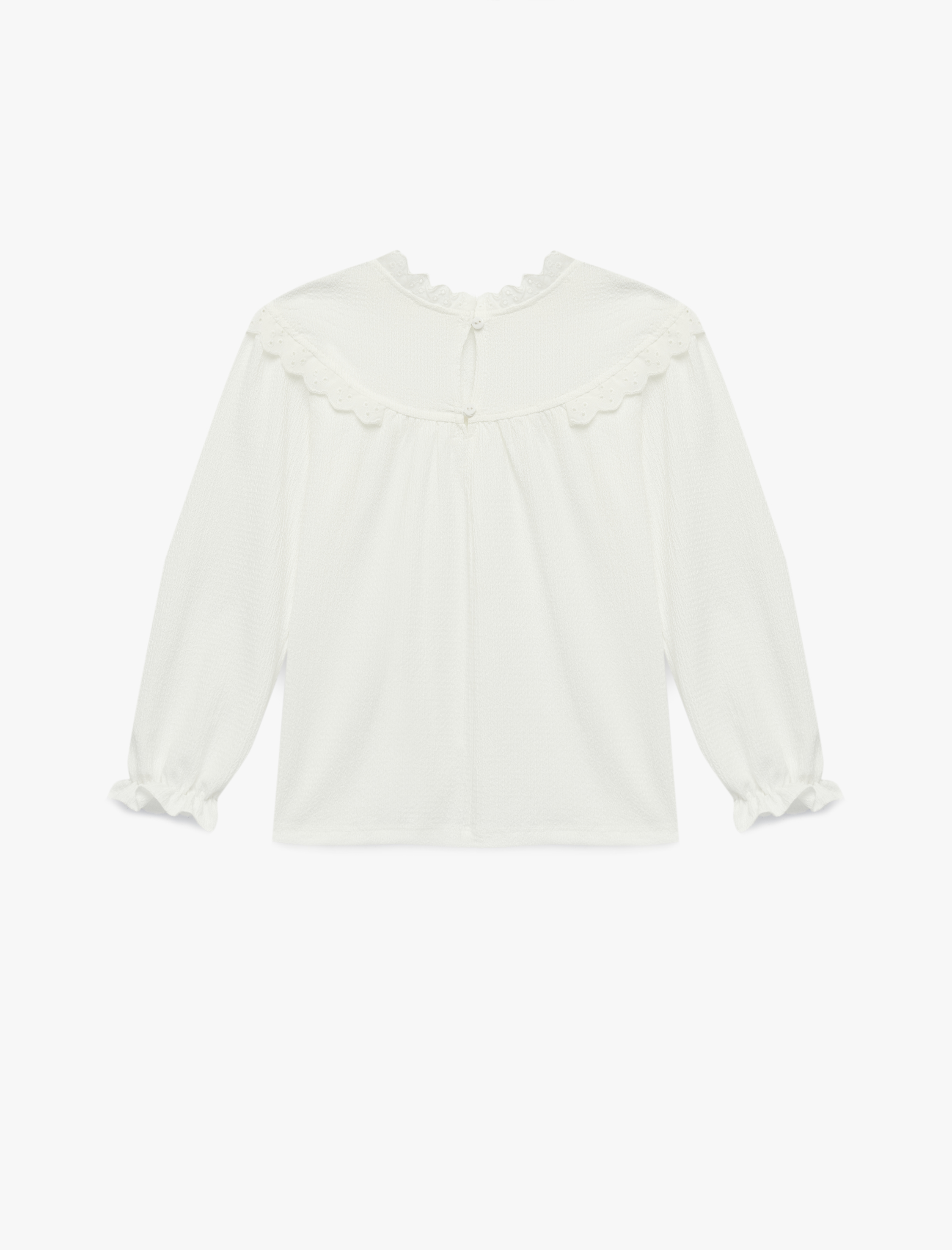  Kız Çocuk Dik Yaka Fırfır Detaylı Büzgülü Uzun Kollu Bluz