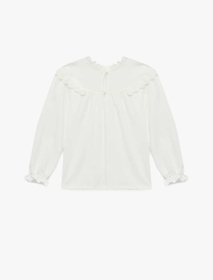 Kız Çocuk Dik Yaka Fırfır Detaylı Büzgülü Uzun Kollu Bluz