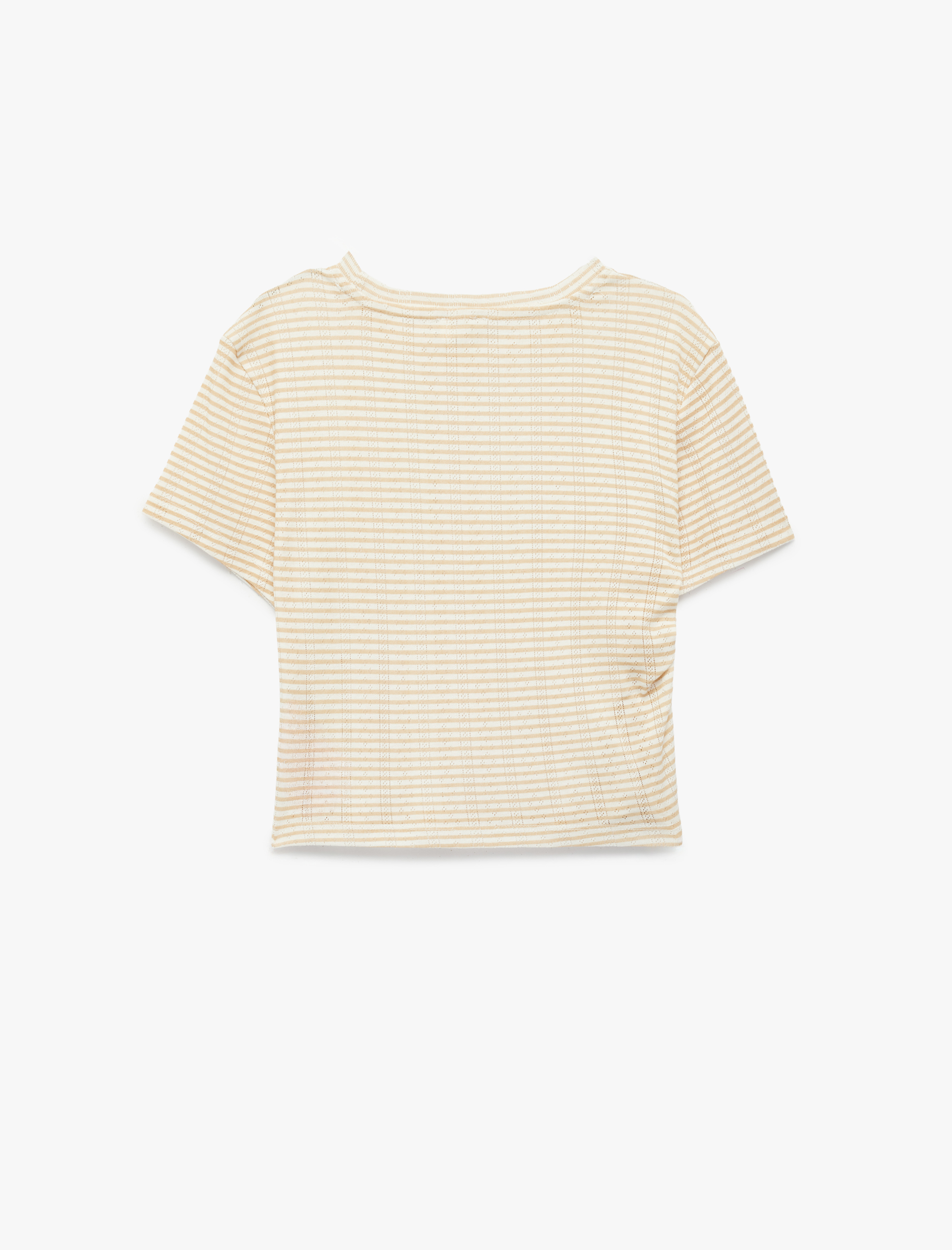  Kız Çocuk Pamuklu Slim Fit Kısa Kollu Bisiklet Yaka Yandan Büzgü Detaylı Çizgili Crop Tişört
