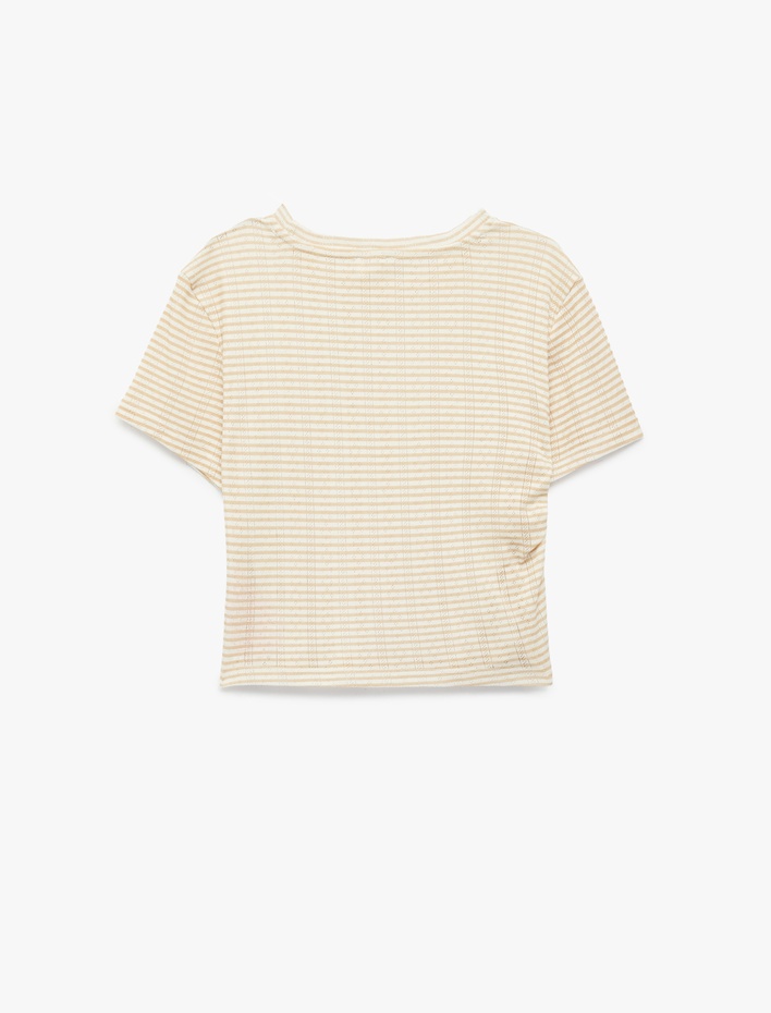 Kız Çocuk Pamuklu Slim Fit Kısa Kollu Bisiklet Yaka Yandan Büzgü Detaylı Çizgili Crop Tişört