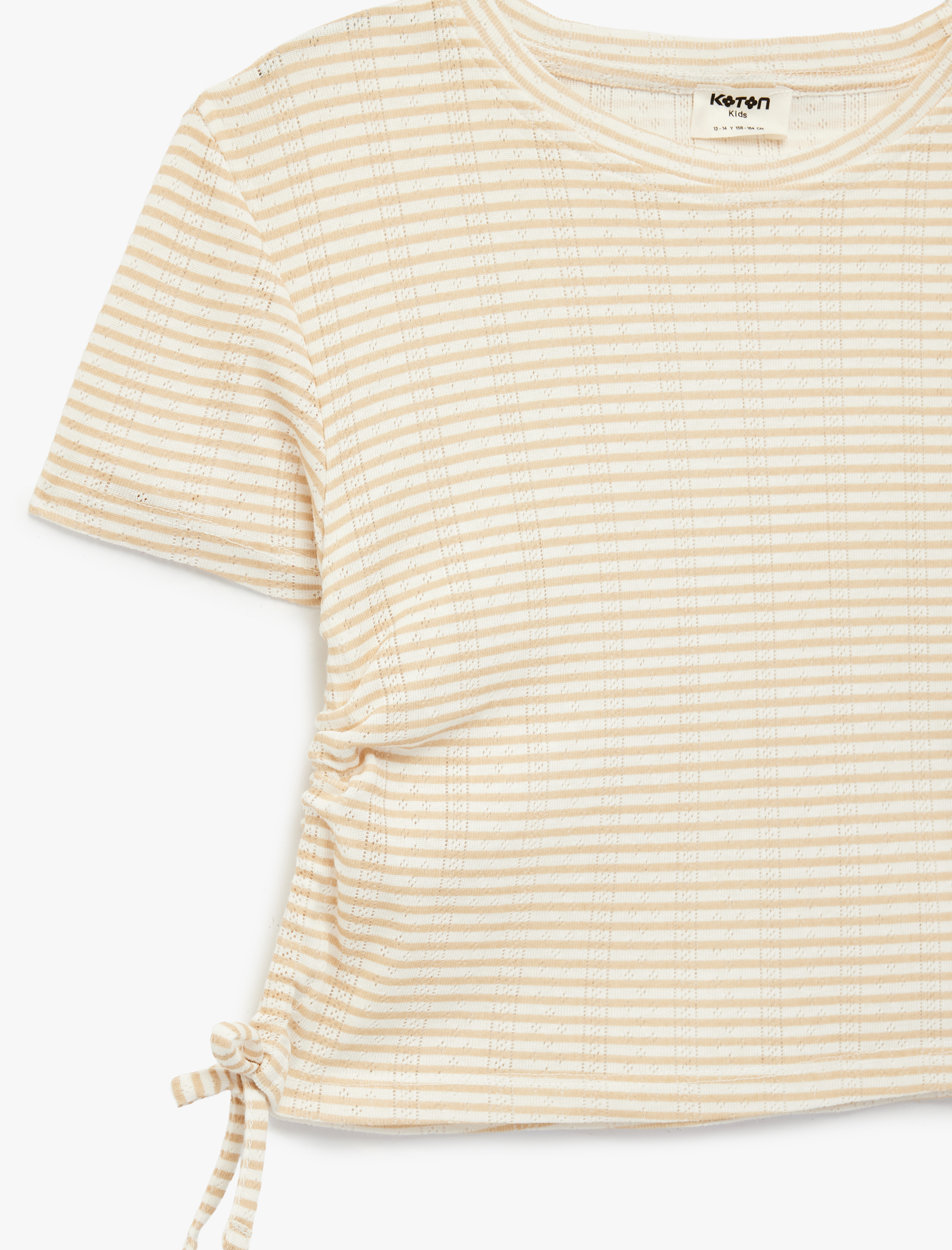  Kız Çocuk Pamuklu Slim Fit Kısa Kollu Bisiklet Yaka Yandan Büzgü Detaylı Çizgili Crop Tişört