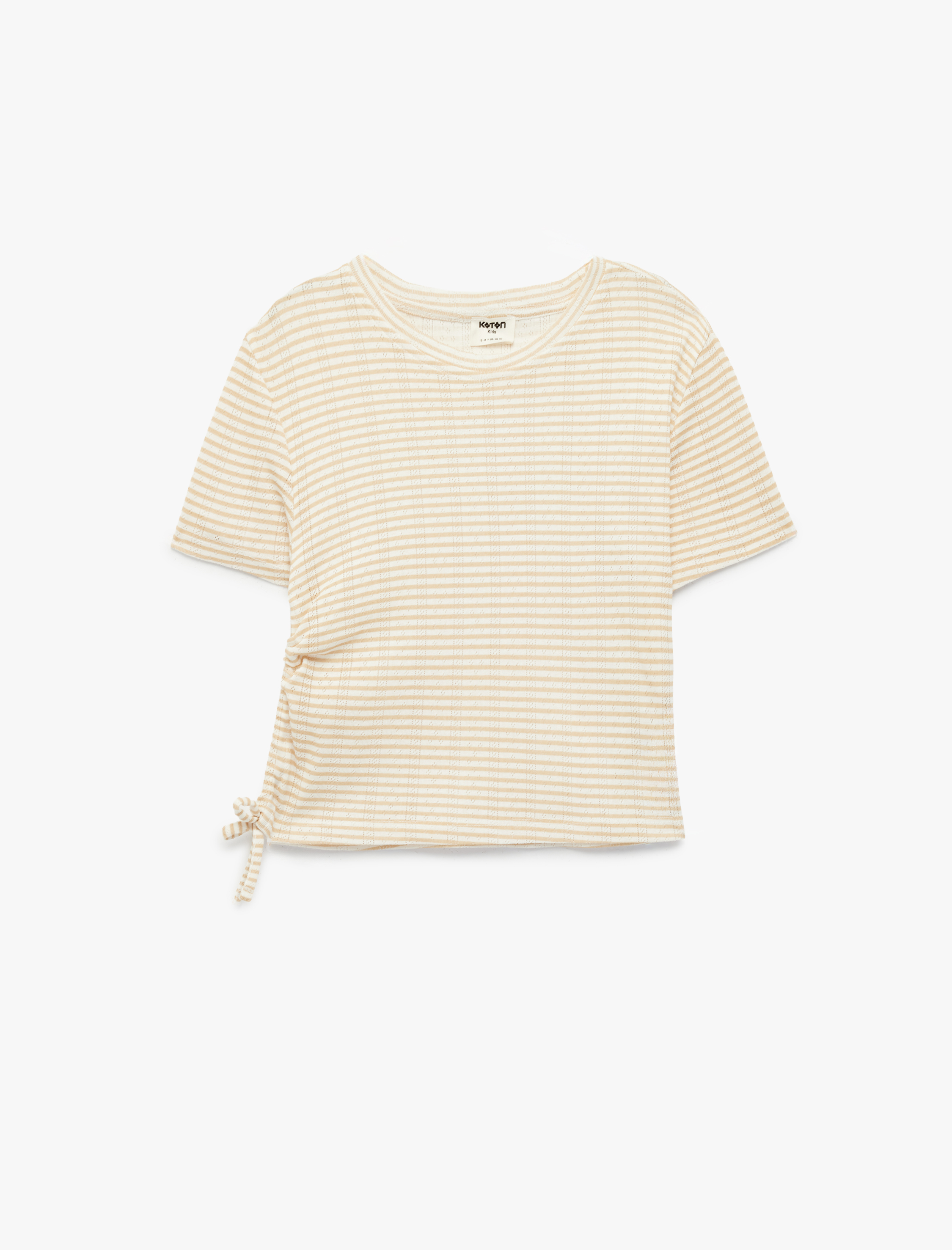  Kız Çocuk Pamuklu Slim Fit Kısa Kollu Bisiklet Yaka Yandan Büzgü Detaylı Çizgili Crop Tişört