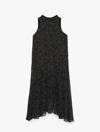 Şifon Kolsuz Kloş Puantiyeli Uzun Halter Yaka Elbise