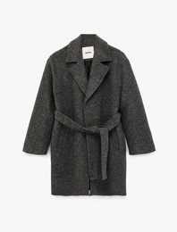 Alpaka Yün Karışımlı Uzun Kollu Cepli Kemerli Buklet Kaban