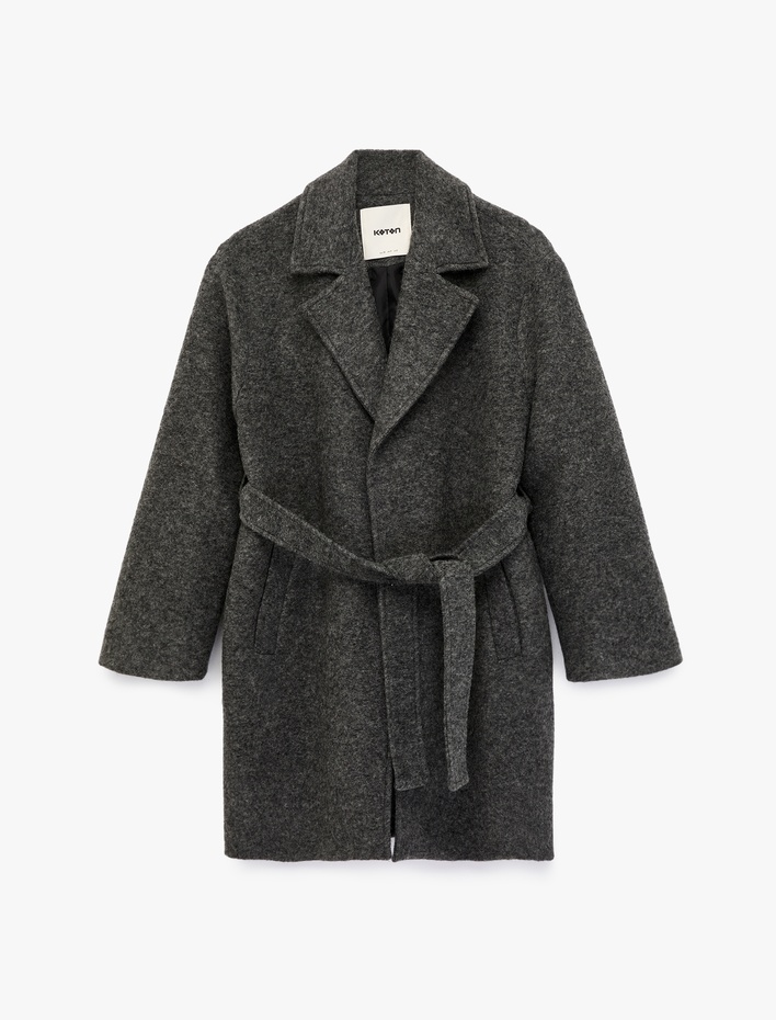  Alpaka Yün Karışımlı Uzun Kollu Cepli Kemerli Buklet Kaban