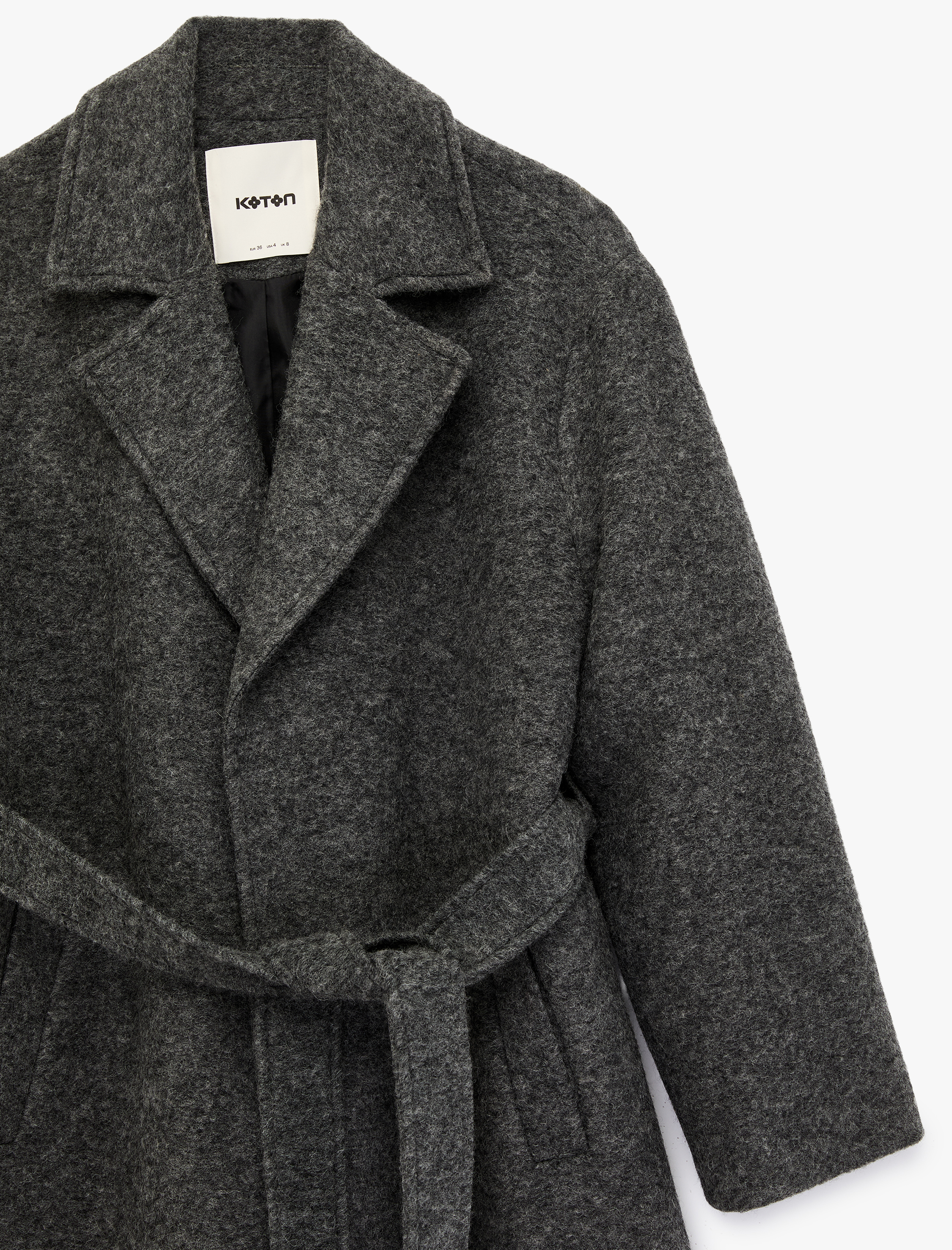   Alpaka Yün Karışımlı Uzun Kollu Cepli Kemerli Buklet Kaban