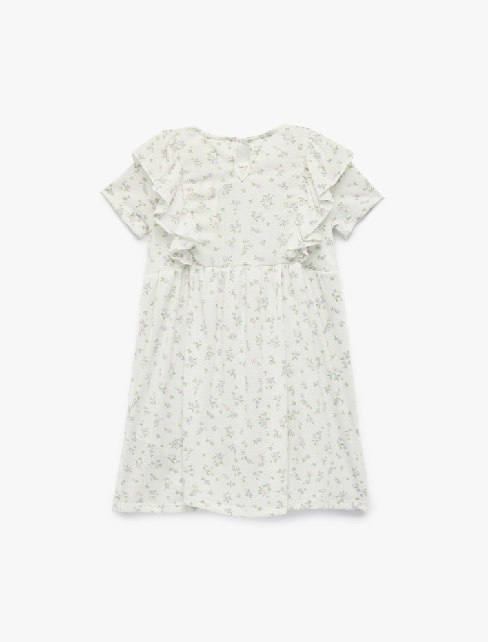 Kız Bebek Fırfır Detaylı Kısa Kollu Bisiklet Yaka Çiçekli Elbise