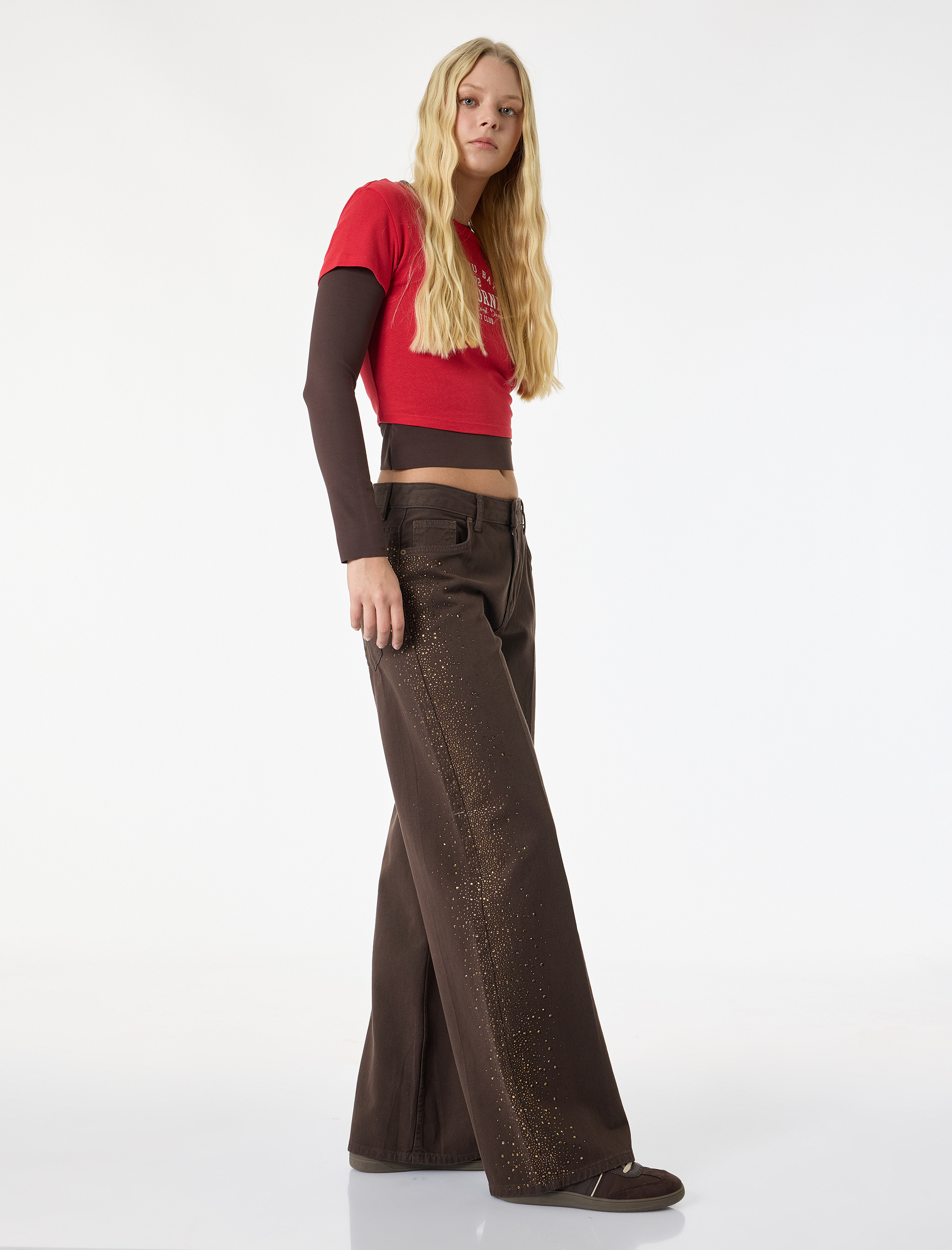   Cepli Taş Detaylı Geniş Paça Denim Pantolon -  Wide Leg Jeans