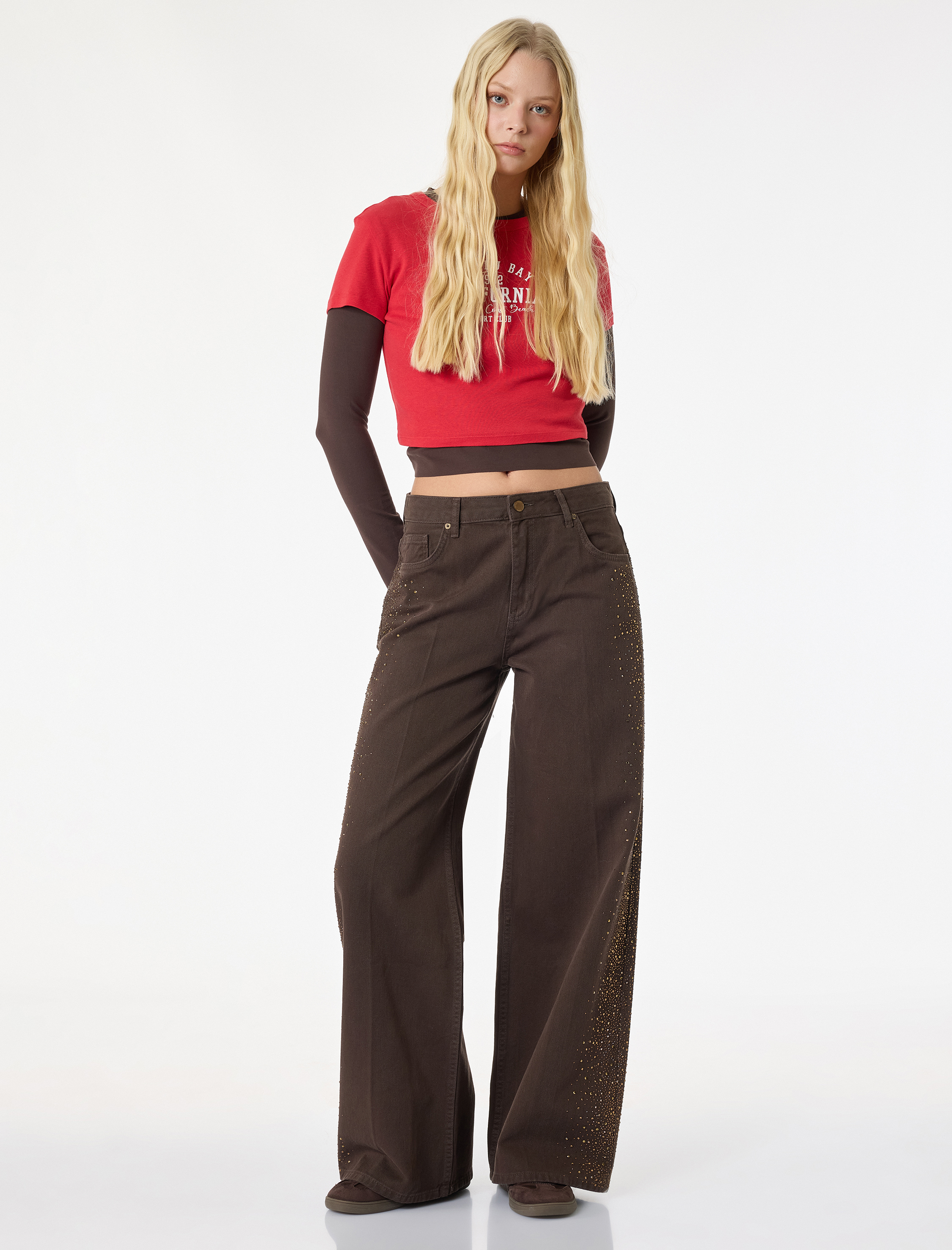   Cepli Taş Detaylı Geniş Paça Denim Pantolon -  Wide Leg Jeans