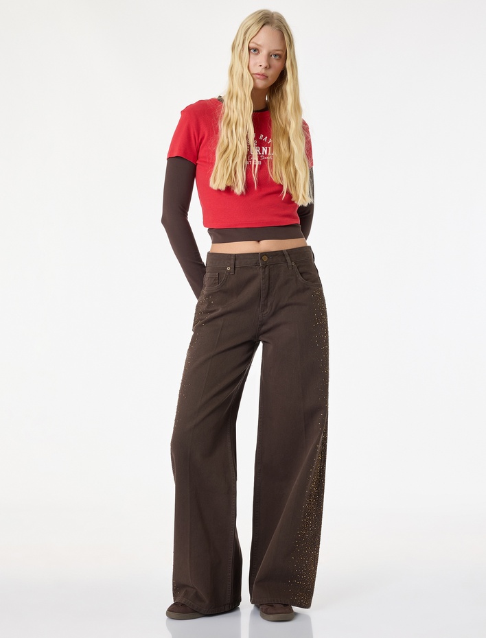  Cepli Taş Detaylı Geniş Paça Denim Pantolon -  Wide Leg Jeans