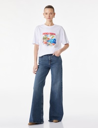 Pamuklu Kısa Kollu Bisiklet Yaka Baskılı Tişört