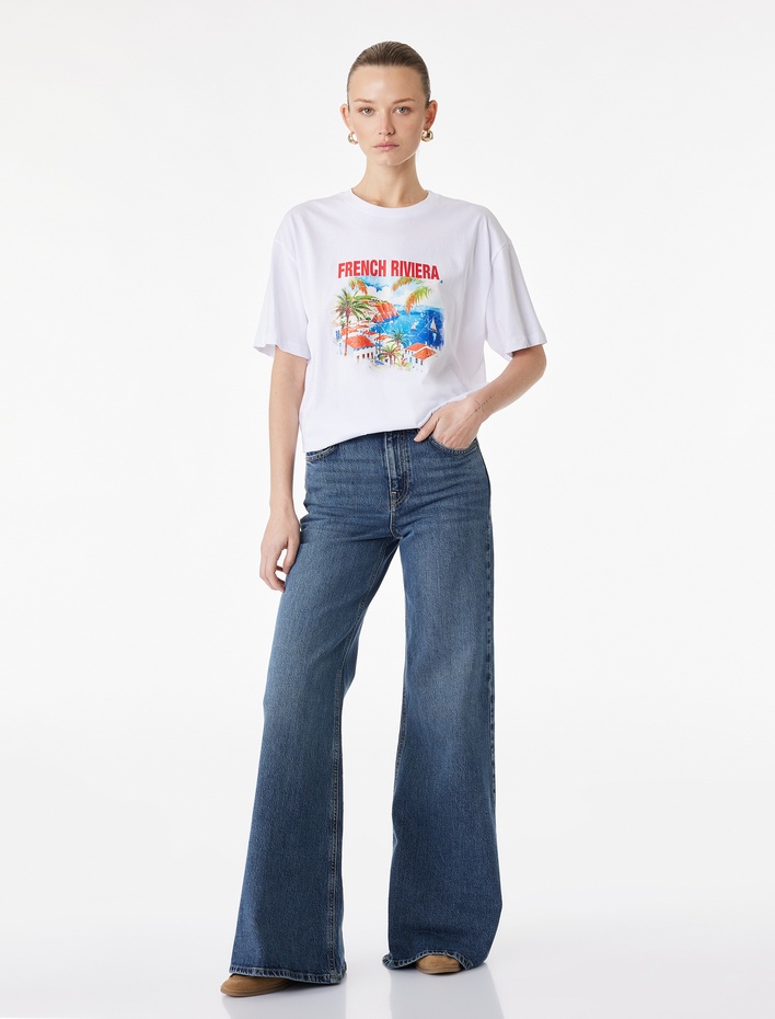  Pamuklu Kısa Kollu Bisiklet Yaka Baskılı Tişört