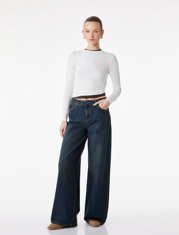  Rahat Kalıp Düz Paça Düğmeli Cepli Denim Pantolon - Loose Straight Fit Jean