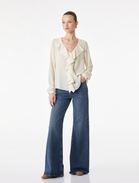 Düğmeli Cepli Normal Bel Pamuklu Rahat Kalıp İspanyol Paça Denim Pantolon