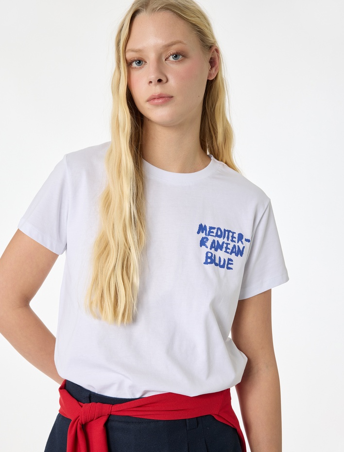  Kısa Kollu Bisiklet Yaka Pamuklu Baskılı Tişört