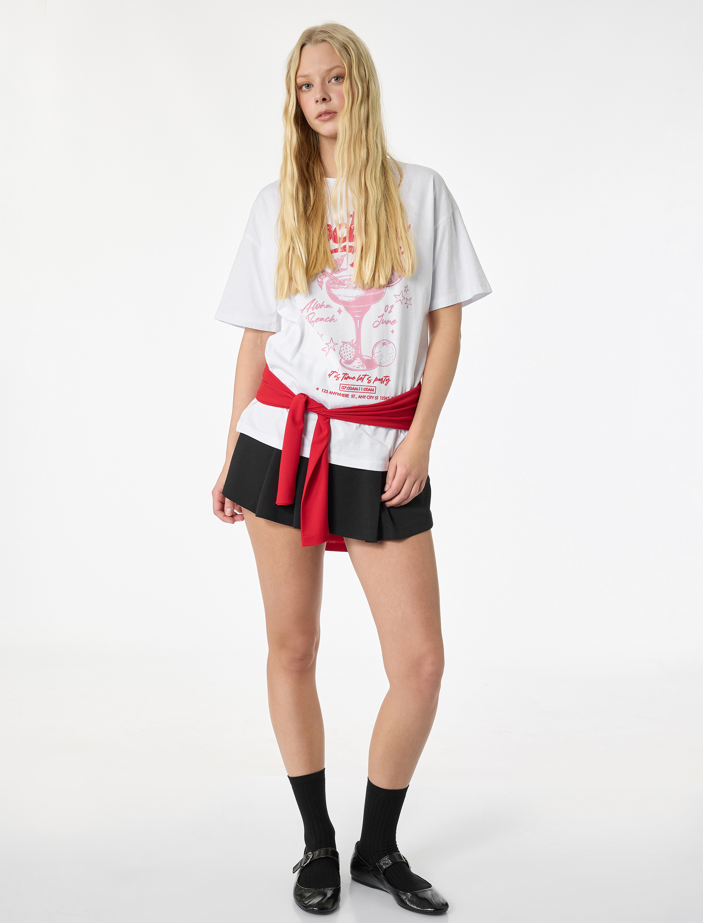   Rahat Kalıp Kısa Kollu Bisiklet Yaka Baskılı Tişört