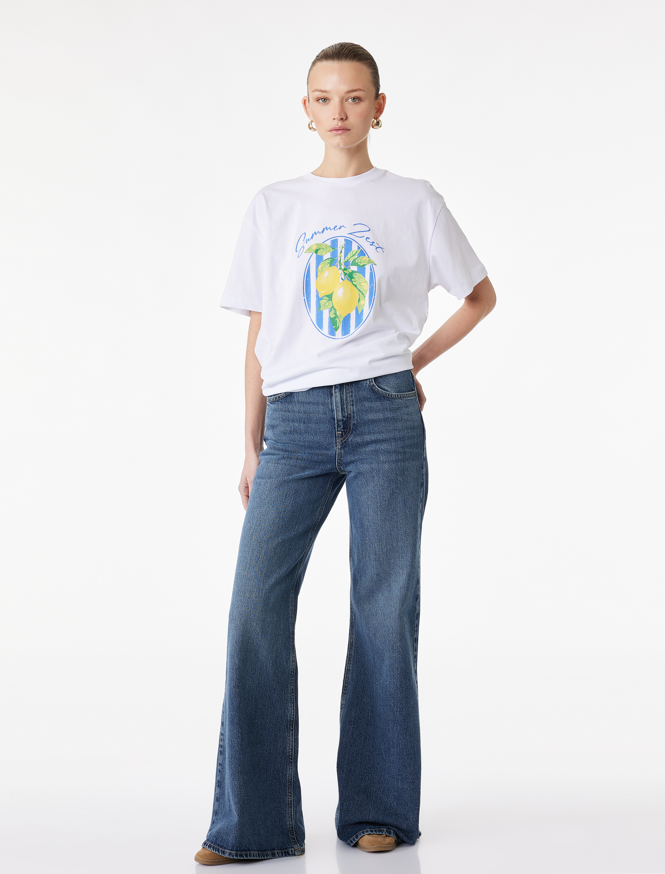   Pamuklu Kısa Kollu Bisiklet Yaka Limon Baskılı Tişört