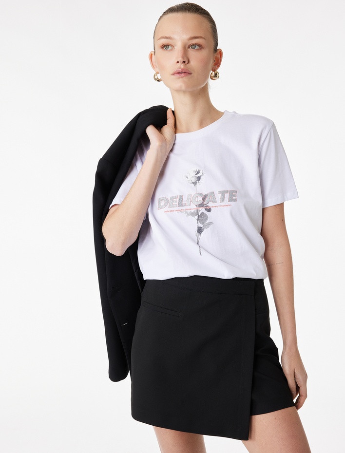  Regular Fit Kısa Kollu Bisiklet Yaka Baskılı Pamuklu Tişört